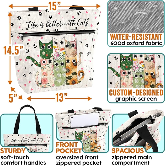 Waterproof Tote Bag with Pockets and Zipper for Work. Shoulder Bag for Women. Gift for Cat Lover Cat Owner.