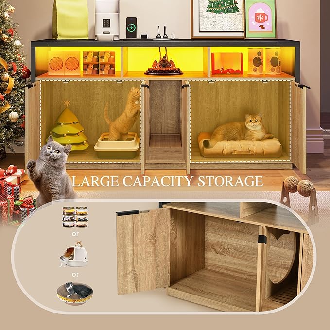 DWVO Cat Litter Box Enclosure for 2 Cats, Litter Box Furniture Hidden with Power Outlet & LED Light, Wooden Cat Cabinet TV Stand Furniture w Double Rooms for Indoor Cats, 59" L x15.7 W x27.5 H, Oak