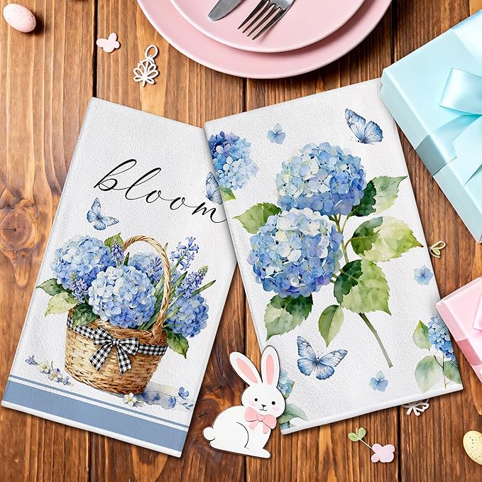 Hexagram Spring Kitchen Towels Sets of 2,Blue Flower Hand Towels for Bathroom 18x28 Inch, Spring Farmhouse Home Decorations