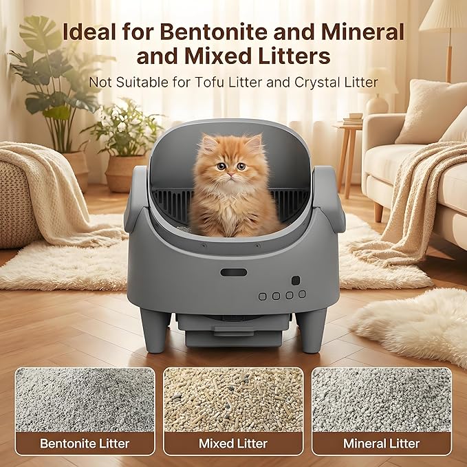 Self Cleaning Litter Box, Open Top Automatic Cat Litter Box with App Control for Multiple Cats, Electric Cat Litters Box Adjustable Entrance Height, Multi-Sensor Safety Protection, 1 Roll Garbage Bags