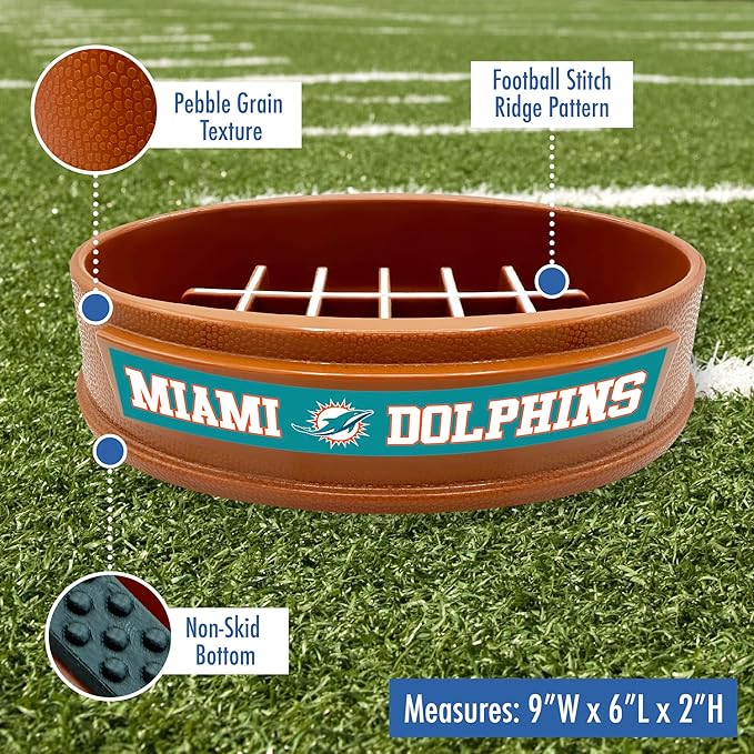 NFL Super-Bowl - Miami Dolphins Slow Feeder Dog Bowl. Football Design Slow Feeding Cat Bowl for Healthy Digestion. Non-Slip Pet Bowl for Large & Small Dogs & Cats