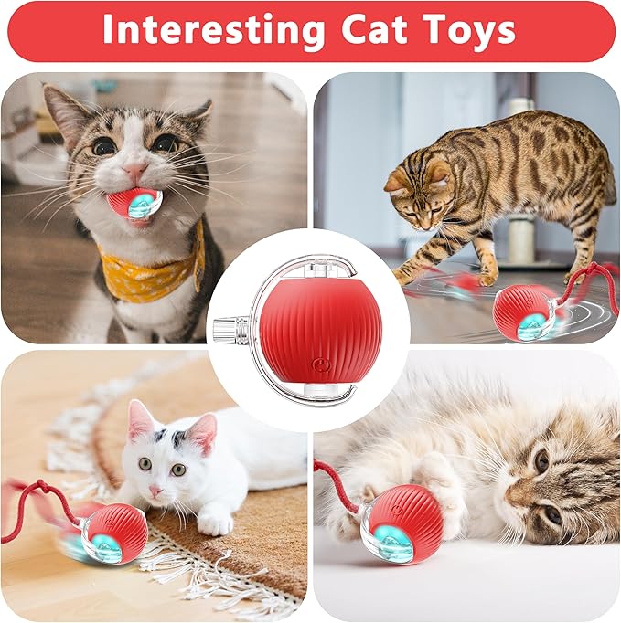 Interactive Cat Ball Toys,Indoor Moving Cat Toys, Automatic Rolling Toy with Cord, Interesting Rotating Ball Toy for Dogs and Cats (Red)