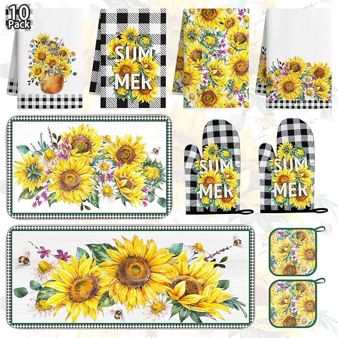 10 PCS Sunflower Plaid Kitchen Decor and Accessories - Sets 4 Kitchen Towels 2 Pot Holders 2 Oven Mitts 2 Rugs for Kitchen Bathroom Home Cooking Farmhome Housewarming Baking Daughter Mom Gifts