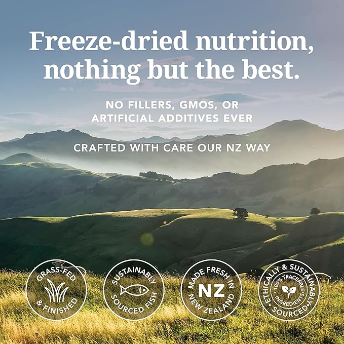 Feline Natural High Protein Dry Cat Food, Freeze-Dried Diet with 98% Meat, Organs & Seafood, No Peas, Grains, or Artificial Additives, Made in New Zealand, Beef & Hoki, 11oz