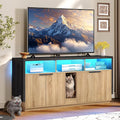 DWVO Cat Litter Box Enclosure for 2 Cats, Litter Box Furniture Hidden with Power Outlet & LED Light, Wooden Cat Cabinet TV Stand Furniture w Double Rooms for Indoor Cats, 59" L x15.7 W x27.5 H, Oak