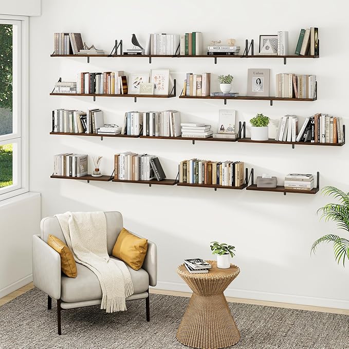Heimlove Floating Book Shelves for Wall,35.4 Inches Long Wall Mounted Bookshelves,Heavy Duty Bracket Shelves for Living Room Kitchen,Laundry Room Storage & Decor,Set of 3,Walnut
