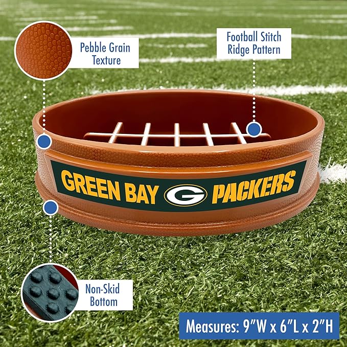 NFL Super-Bowl Green Bay Packers Slow Feeder Dog & Cat Bowl. Football Design for Healthy Digestion. Non-Slip for Large & Small Pets