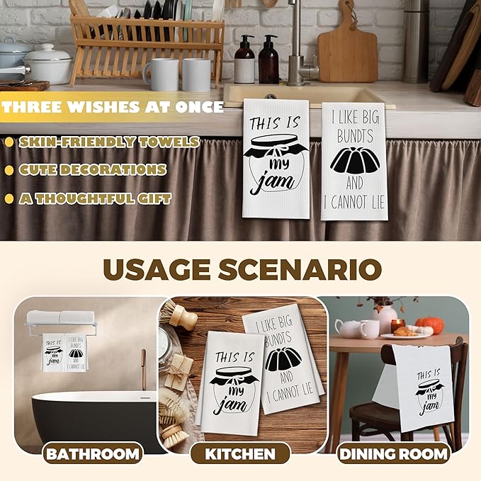 Kitchen Towels Set of 2, Jam and Bundts Dish Towel for Kitchen, Decorative Hand Towels for Bathroom, Fast Drying Tea Towel with Funny Sayings, Housewarming Xmas Gifts for Women Mom -B14