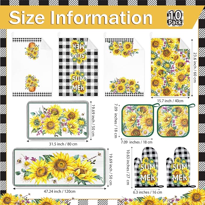 10 PCS Sunflower Plaid Kitchen Decor and Accessories - Sets 4 Kitchen Towels 2 Pot Holders 2 Oven Mitts 2 Rugs for Kitchen Bathroom Home Cooking Farmhome Housewarming Baking Daughter Mom Gifts