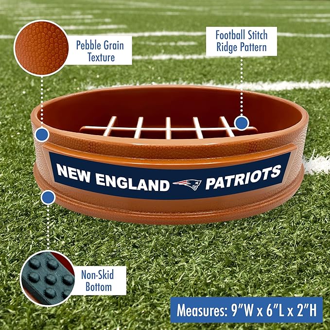 NFL Super-Bowl - New England Patriots Slow Feeder Dog Bowl. Football Design for Healthy Digestion. Non-Slip Pet Dish for Large & Small Dogs & Cats