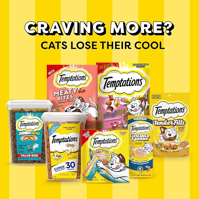 Temptations Jumbo Stuffed Cat Treats, Crunchy and Soft Cat Treats, Tasty Chicken Flavor, 14 oz. Tub