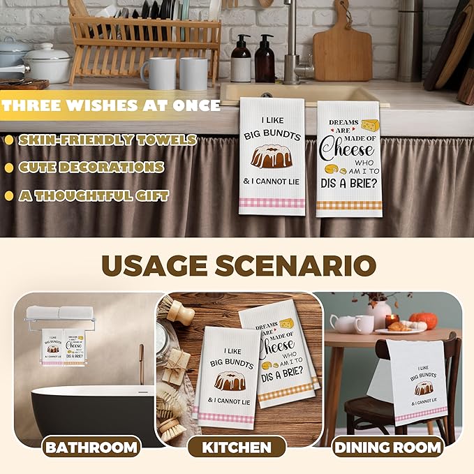 Kitchen Towels Set of 2, Cheese and Bundts Dish Towel for Kitchen, Decorative Hand Towels for Bathroom, Fast Drying Tea Towel with Funny Sayings, Housewarming Xmas Gifts for Women Mom -B18