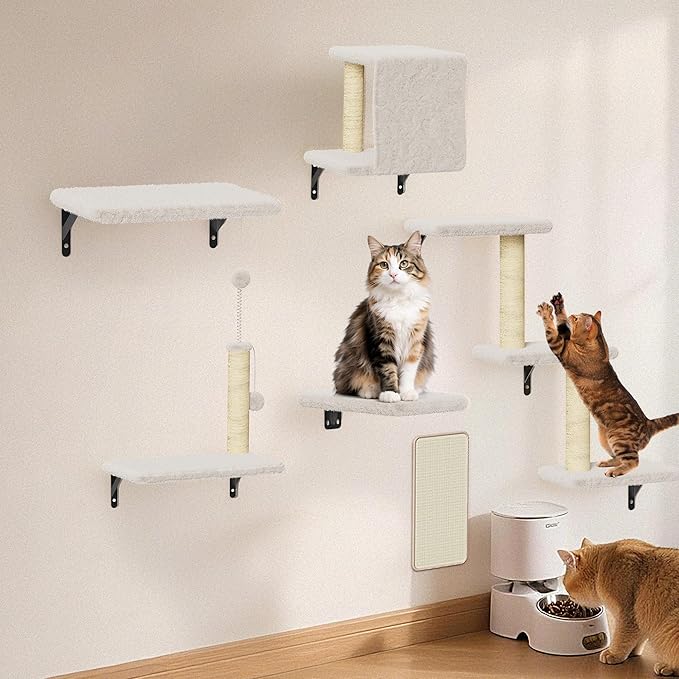 Cat Wall Shelves for Large Cats, Stable & Safe Kitty Walls Furniture Set for 40LBS Cats with Wooden Cat Climber,House, Bridge, Tree, Steps, and Scratcher for 16 Inch Drywall (Beige, 6-in-1)