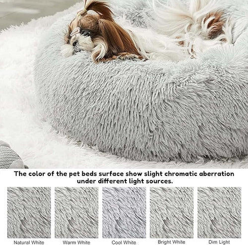 Calming Dog Bed & Cat Bed, Anti-Anxiety Donut Cuddler Beds, Cozy Soft Round Beds, Fluffy Faux Fur Plush Bed for Small Medium Dogs and Cats