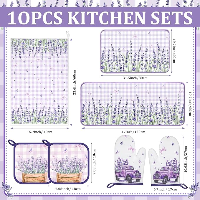 10 Pcs Farmhouse Lavender Kitchen Decor and Accessories Set 4 Kitchen Towels 2 Pot Holders 2 Oven Mitts 2 Rugs for Cooking Baking Mom Housewarming Gifts(Purple,Lavender)