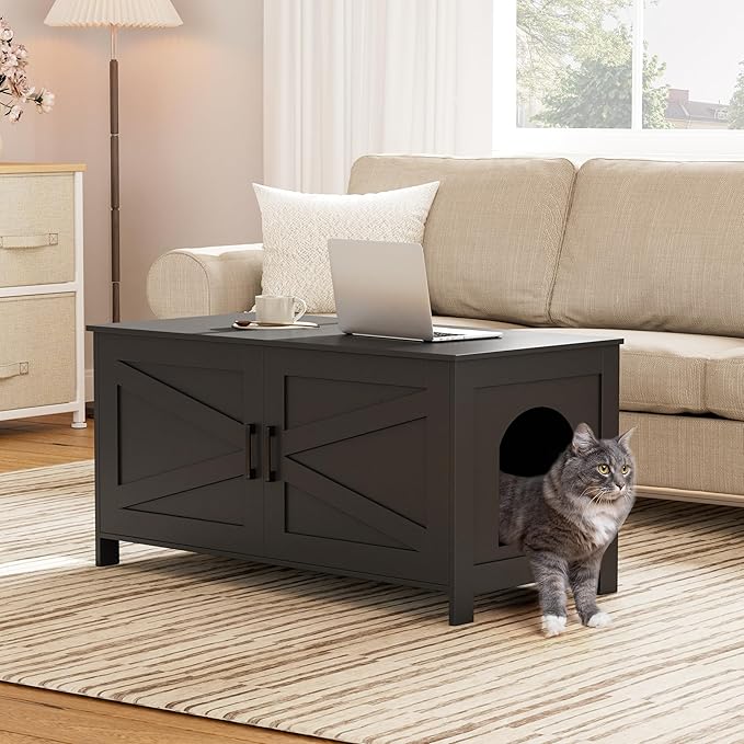 Homhedy 39.4" L Cat Litter Box Enclosure, Pet House with Barn Door, Wooden Cat Washroom Furniture,Fit Most of Litter Box, Black