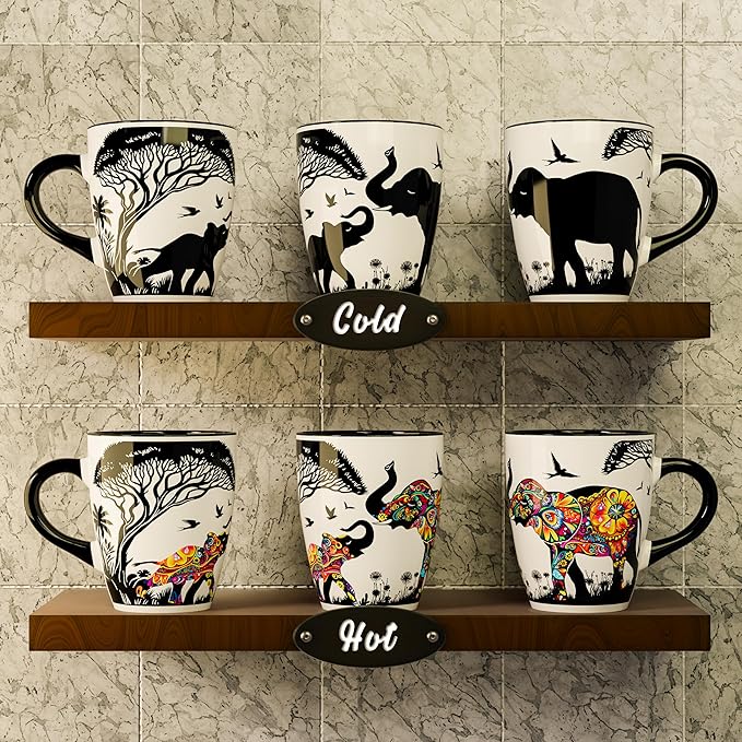 Color Changing Elephant Coffee Mug 12oz – Ceramic Heat Sensitive Cup for Coffee, Tea, Hot Cocoa & Milk – Magical Elephant Mug with Floral Reveal – Unique Gift for Elephant Lovers, Women, Mom, Grandma