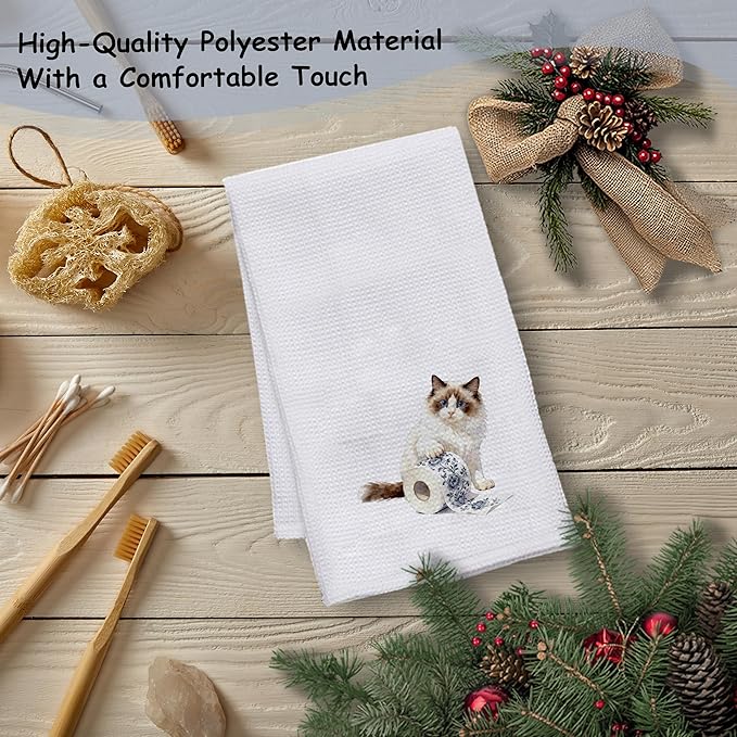 Funny Ragdoll Cat Bathroom Hand Towels, Ragdoll Cat Gifts, Blue Chinoiserie Toilet Paper Kitty Kitten Decorative Hand Towels Bathroom Restroom Washroom Decor, 16x24 Inch