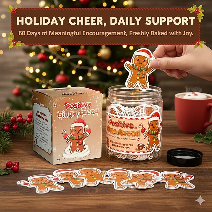 Positive Gingerbread Christmas Jar with 60 Affirmation Cards, Emotional Support Gingerbread Holiday Gift, Cute Gingerbread Decor, Christmas Gingerbread Gifts for Women, Men, Teens, Teachers