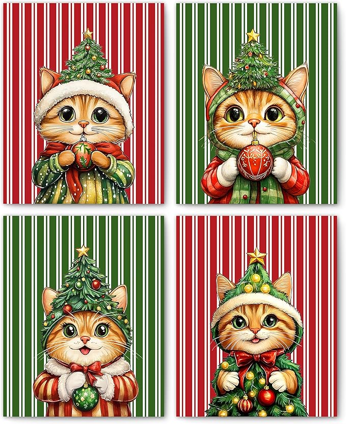 FITIE Funny Christmas Orange Cat Wall Art Posters Set of 4, Cat Christmas Decor, Red and Green Cute Xmas Tree Kitty Winter Holiday Canvas Prints Artwork Wall Decor for for Bedroom Home, 8x10 Unframed