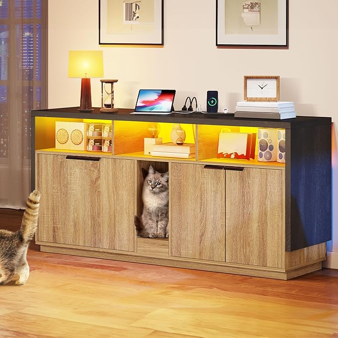 DWVO Cat Litter Box Enclosure for 2 Cats, Litter Box Furniture Hidden with Power Outlet & LED Light, Wooden Cat Cabinet TV Stand Furniture w Double Rooms for Indoor Cats, 59" L x15.7 W x27.5 H, Oak