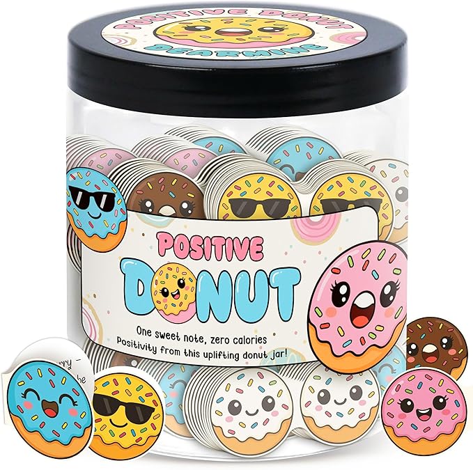 DEARMINE Positive Donut Jar with 60 Affirmation Cards, Emotional Support Donut Gift, Gifts for Teenage Girls, Friendship Gifts for Women