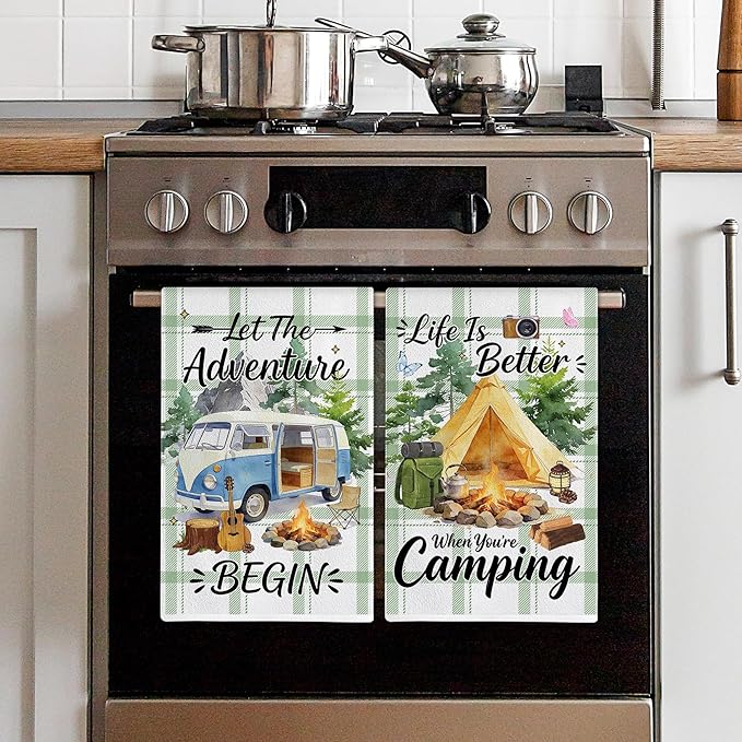 Hexagram Camping Kitchen Towels Set of 2, Camping Decor Gifts for Women, Funny Cute Housewarming Dish Hand Towels for Home Kitchen Decor