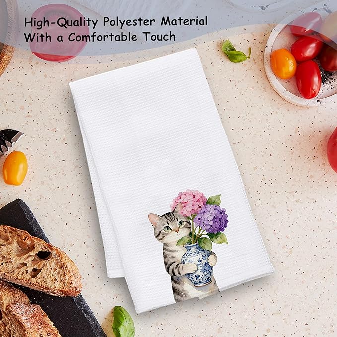 Tabby Cat Pink Purple Hydrangea Kitchen Towels, Cat Lovers Mom Gifts Dish Tea Towels for Kitchen Decor, Chinoiserie Porcelain Floral Kitty Decorative Hand Towel Bathroom Decor, 16x24 Inch