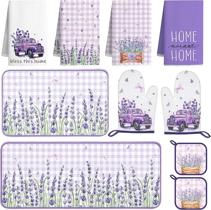 10 Pcs Farmhouse Lavender Kitchen Decor and Accessories Set 4 Kitchen Towels 2 Pot Holders 2 Oven Mitts 2 Rugs for Cooking Baking Mom Housewarming Gifts(Purple,Lavender)