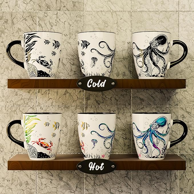 Color Changing Octopus Coffee Mug 12oz – Heat Sensitive Ceramic Cup with Ocean Reef & Coral Design, Coastal Beach Theme Mug, Unique Christmas Holiday Birthday Gift for Octopus Lovers, Men & Women