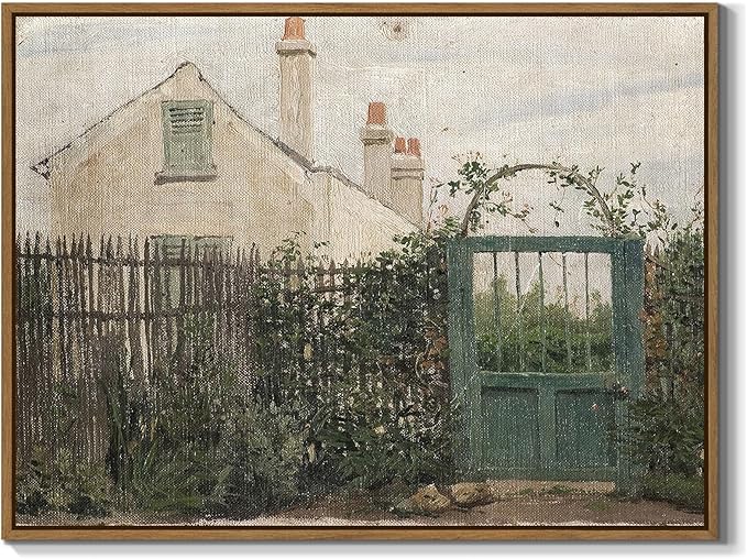 RGHPJCYS Farmhouse Wall Art Vintage Landscape Art Prints Rustic Cottage Fence Painting Picture Framed Country Garden Wall Decor for Living Room Bedroom Bathroom Home Kitchen Decoration, 12"x16"x1Pcs