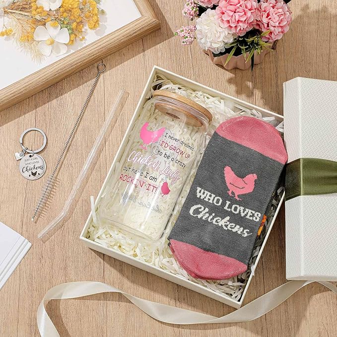 Paterr 4 Pcs Chicken Lover Gifts for Women, Funny Chicken Lady Gifts for Mother's Day Birthday Decorations, with Canvas Tote Bag 16oz Glass Coffee Cup with Straw Socks Cute Keychain
