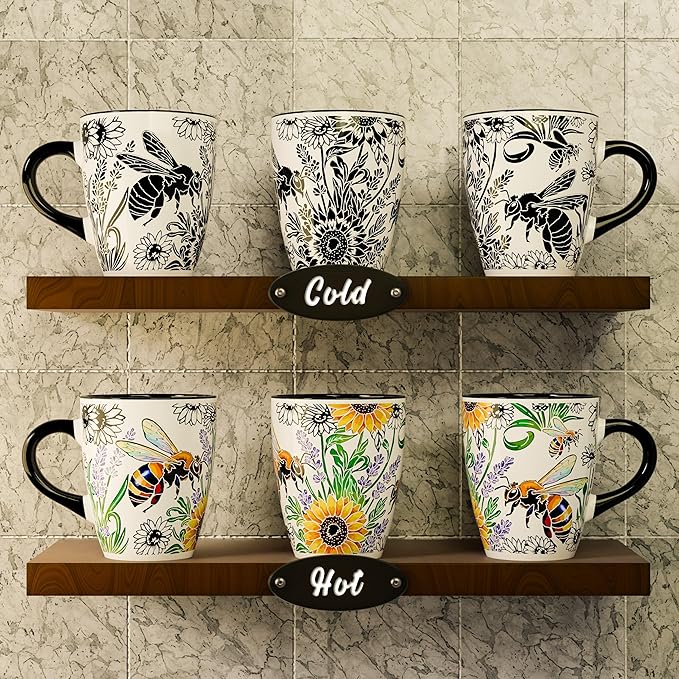 Color Changing Bee Coffee Mug 12oz – Heat Sensitive Ceramic Cup with Floral Reveal – Bee and Sunflower Gifts for Women, Unique Coffee Mugs, Christmas Holiday Gift, Perfect for Coffee, Tea or Cocoa