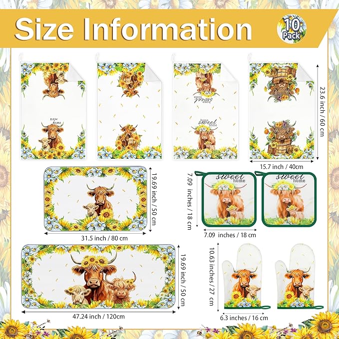 10 PCS Highland Cow Decor Kitchen Accessories - Sets 4 Dish Towels 2 Pot Holders 2 Oven Mitts 2 Rugs for Home Sweet Home Sunflower Cattle Bathroom Cooking Farmhome Housewarming Baking Gifts