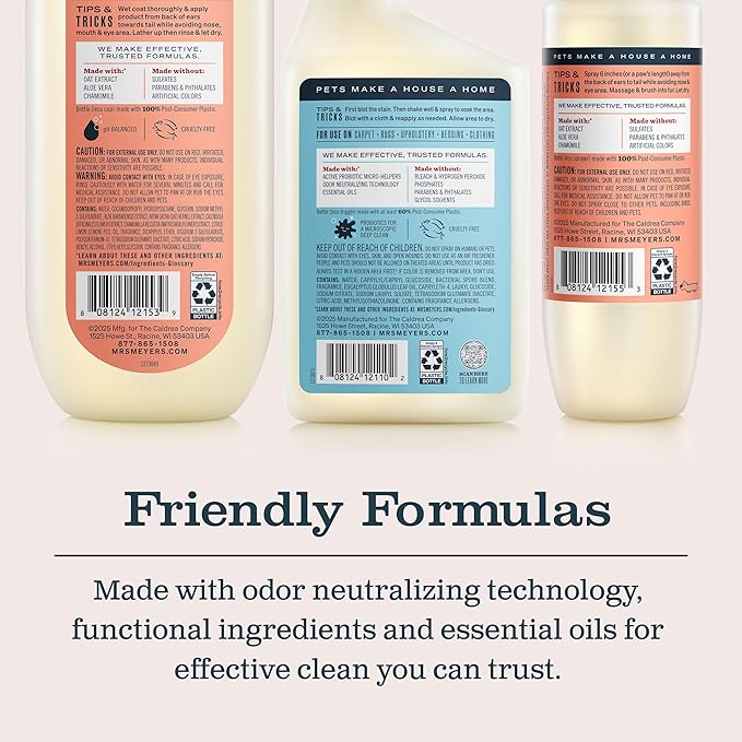 Mrs. Meyer's Clean Day Dog Care Kit, Includes 3in1 Dog Shampoo - White Peach, Dog Deodorizing Spritz - White Peach and Pet Stain & Odor Fighter - Coconut Leaf