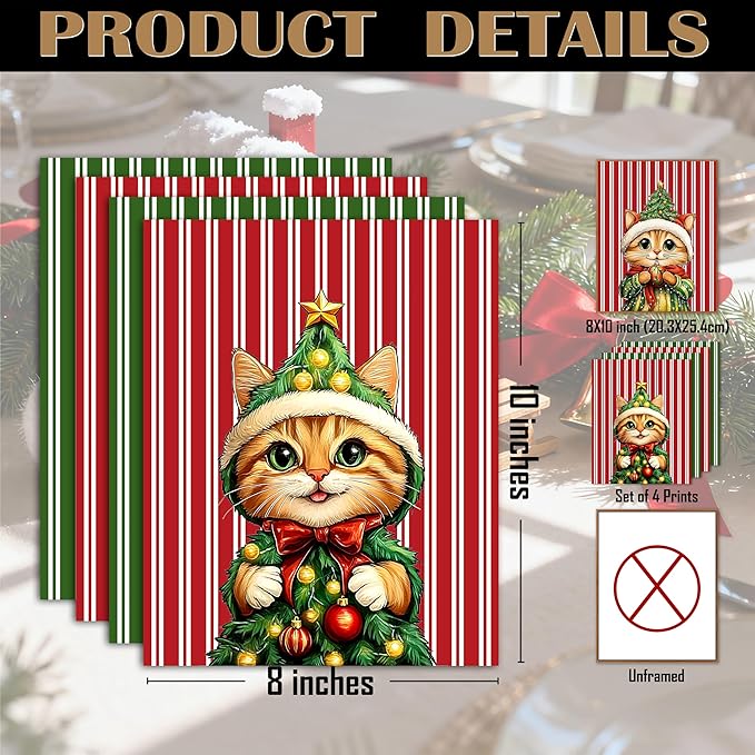 FITIE Funny Christmas Orange Cat Wall Art Posters Set of 4, Cat Christmas Decor, Red and Green Cute Xmas Tree Kitty Winter Holiday Canvas Prints Artwork Wall Decor for for Bedroom Home, 8x10 Unframed