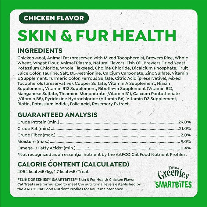 Greenies Cat Treats, Feline Smartbites, Skin & Fur Health, Crunchy and Soft Cat Treats, Chicken Flavor, 2.1 oz. Pack