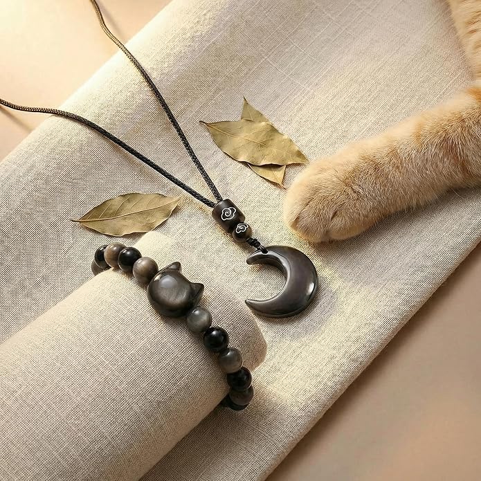 Black Obsidian Cat Bracelet and Moon Pendant Necklace Jewelry Set-Cat Lover Gifts,Wealth Attraction,Good Luck,Bead Bracelet,Mindfulness,Beaded Bracelets, Obsidian Pendant Necklace-Cute Gifts for Women