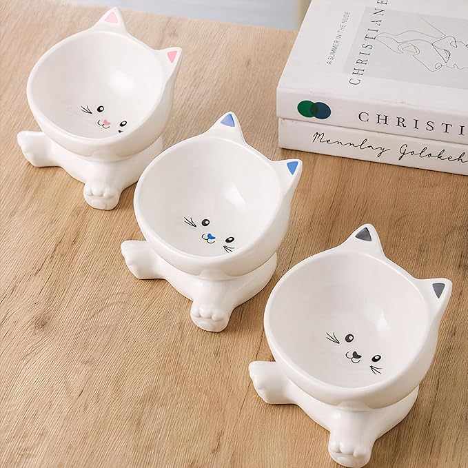 Elevated Cat Bowls, 4.9 Inch Ceramic 3D Raised Cat Food Bowl for Whisker Fatigue, Slanted Cute Kitten Food Bowl & Porcelain Water Dish 4.5 OZ, Anti-Vomiting, Protects Pet’s Spine, 1 Piece