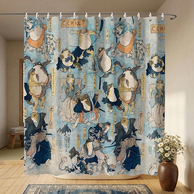 Vintage Blue Samurai Frog Shower Curtains,Folklore Japanese Shower Curtain for Bathroom,Funny Ninja Frog Japanese Art Bathroom Decor,72x72 Inch