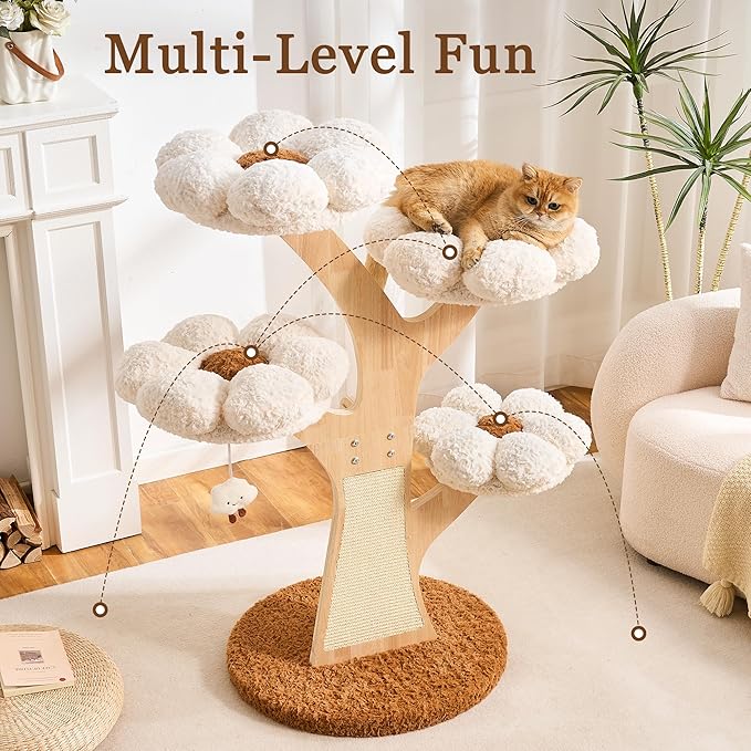 HITTITE Flower Cat Tree with Scratching Post, 48 Inches Cute Cat Tower with Wooden Branch Design, Aesthetic Modern Cat Climbing Tower with Flower Perches and Hanging Toy for Indoor Cats Large Adult.
