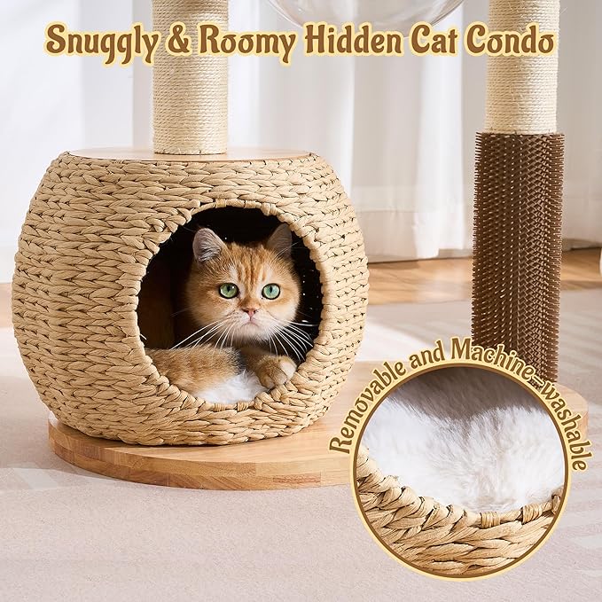 38" Modern Cat Tree Tower for Indoor Cats, Solid Wood Cat Furniture with Handwoven Rattan Basket Bed & Cave, Capsule Nest, Sisal Scratching Posts and Self-Groomer, Space-Saving Cat Condo