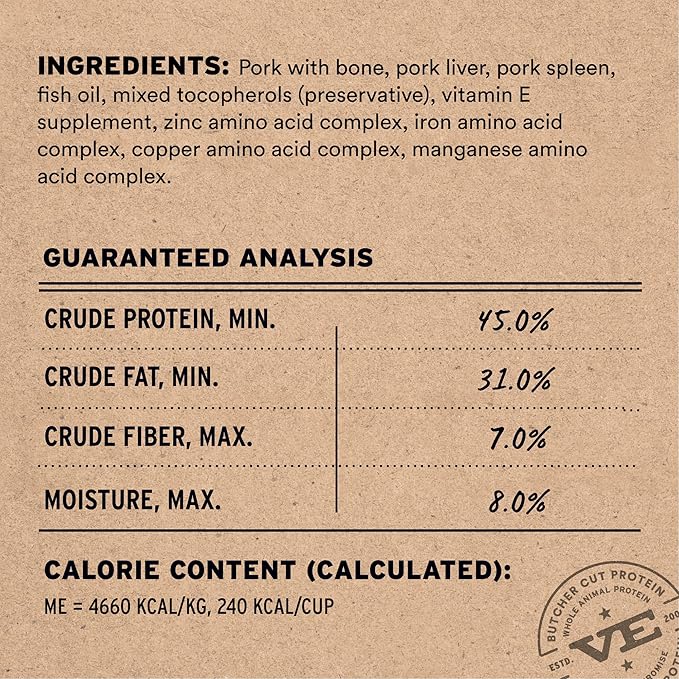 Vital Essentials Freeze Dried Cat Food, Raw Pork Crunchy Mini Nibs | Complete Meal or Topper | 96% Pork, Organs & Bone | Limited Ingredient, High Protein, Grain Free Dry Cat Food | 12 oz Bag