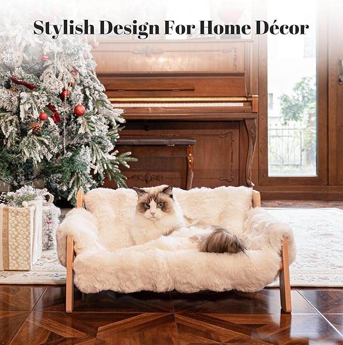 CHEERHOME PETS Elevated Cat Couch Bed for Indoor Cats, Wooden Cat Sofa with Removable Washable Fluffy Cover Raised Kitty Lounge Chair Suitable for Puppy(Cat Sofa Off-White)