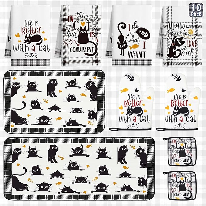 10 Pcs Black Cat Themed Kitchen Decor and Accessories - Sets 4 Kitchen Towels 2 Pot Holders 2 Oven Mitts 2 Rugs for Bathroom Cute Kitty Cooking Farmhome Housewarm Kitten Checkered Baking Gifts