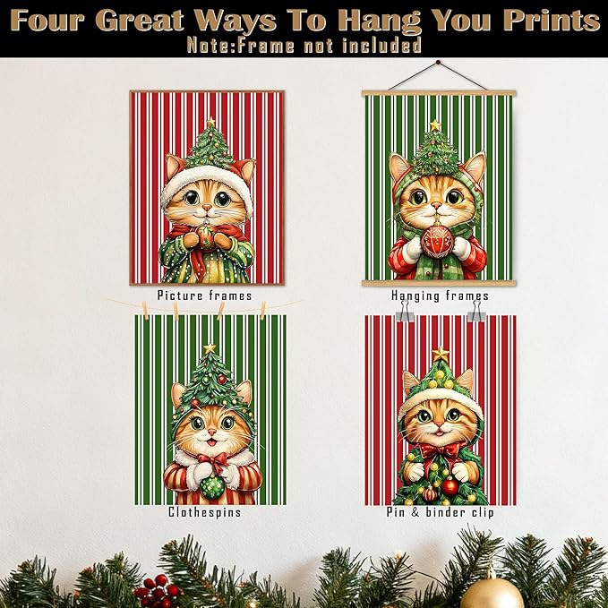 FITIE Funny Christmas Orange Cat Wall Art Posters Set of 4, Cat Christmas Decor, Red and Green Cute Xmas Tree Kitty Winter Holiday Canvas Prints Artwork Wall Decor for for Bedroom Home, 8x10 Unframed