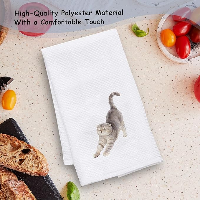 Scottish Fold Cat Kitchen Towels, Cat Owner Gifts Dish Tea Towels for Kitchen Decor, Cute Kitty Kitten Stretching Decorative Hand Towel Bathroom Decor, 16x24 Inch