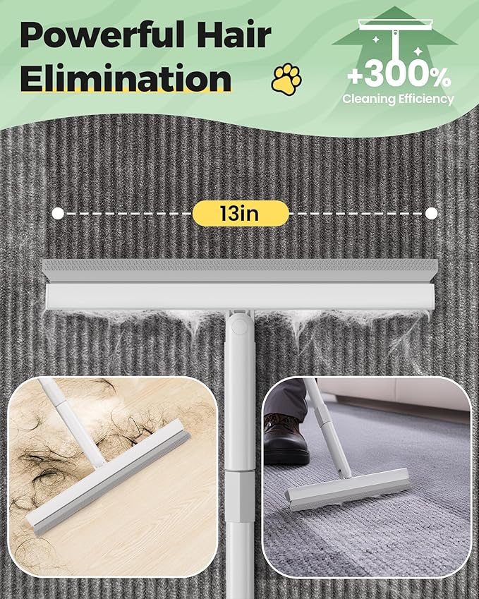 Carpet Rake for Pet Hair Removal Tool - 4 in 1 Pet Hair Remover Kit for Dog Cat Fur Remover, Contain 60" Adjustable Rubber Broom, Glove, Magic Brush and Scraper for Home Furniture, Rugs (Light Grey)