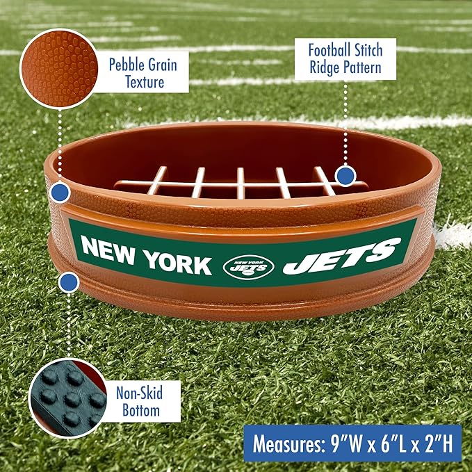 NFL Super-Bowl New York Jets Slow Feeder Dog & Cat Bowl. Football Design for Healthy Digestion. Non-Slip for Large & Small Pets
