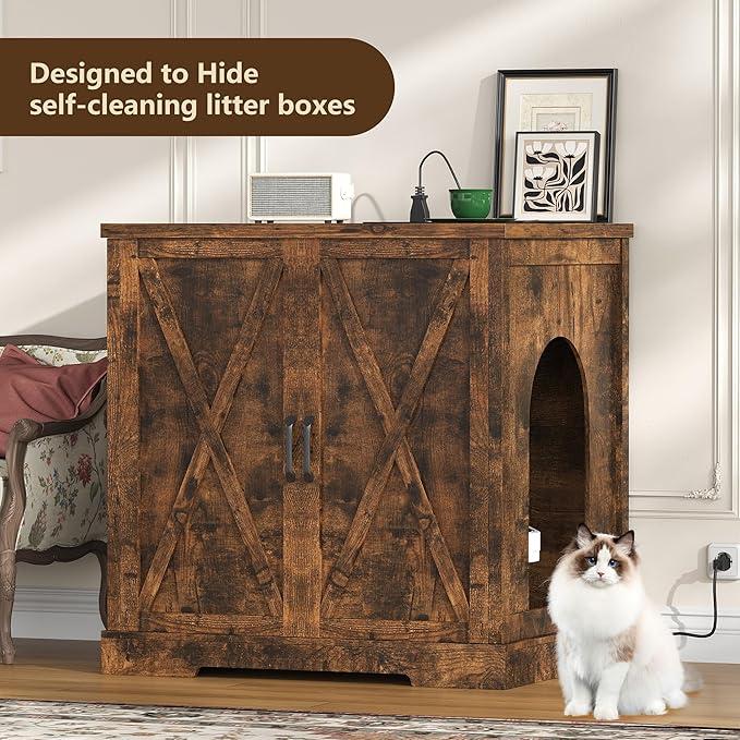 Hey-brother Enclosure for Self Cleaning Cat Litter Box, Large Hidden Litter Box Furniture with Charging Station, Suitable for Automatic Cats Litter Boxes and Robot, Vintage, Rustic Brown JCLB004SR